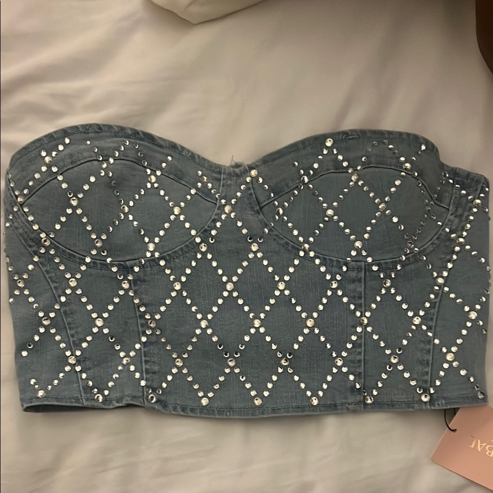 Studded Denim Bustier Top